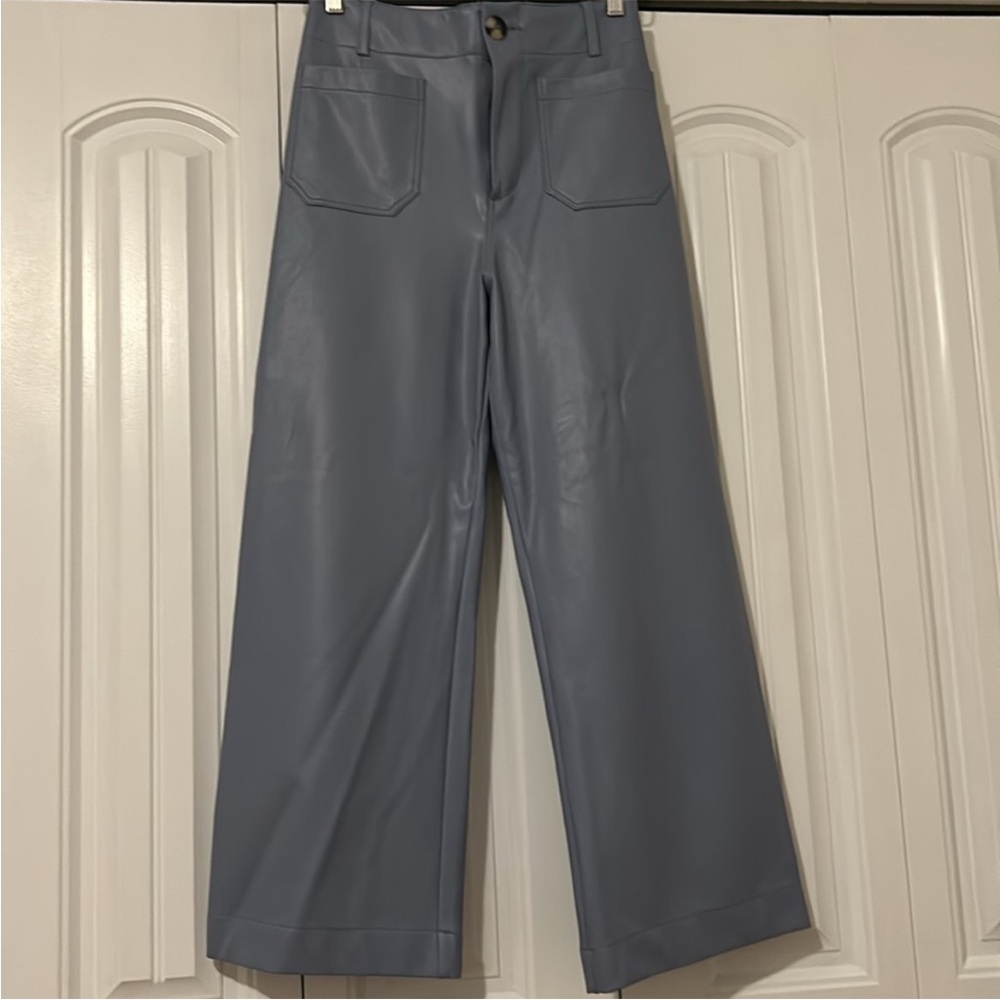 Anthropologie Maeve The Colette Faux Leather Wide Leg Pants 26 W Blue - Picture 5 of 6